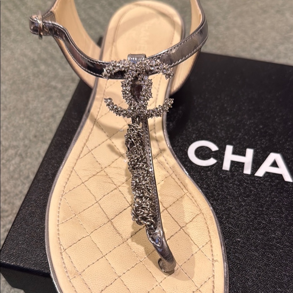 Chanel Silver Chain T-Strap Sandals - Picture 2 of 9